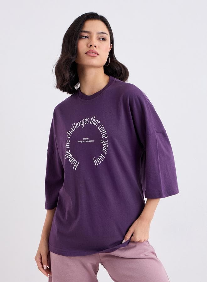 Styli Purple Oversized Slogan Print T-Shirt - Image 1
