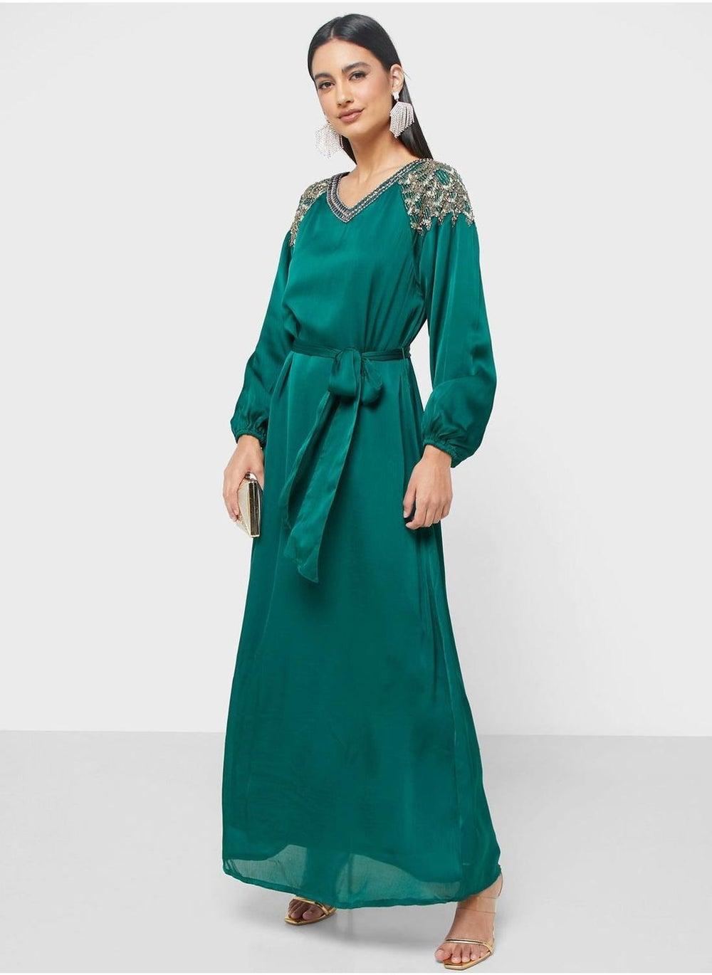 V-Neck Balloon Sleeve Silk Jalabiya - Image 1