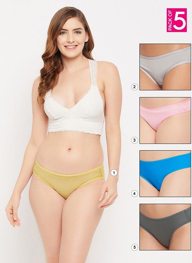 Clovia Pack of 5 Low Waist Lace Bikini Panties - Image 1