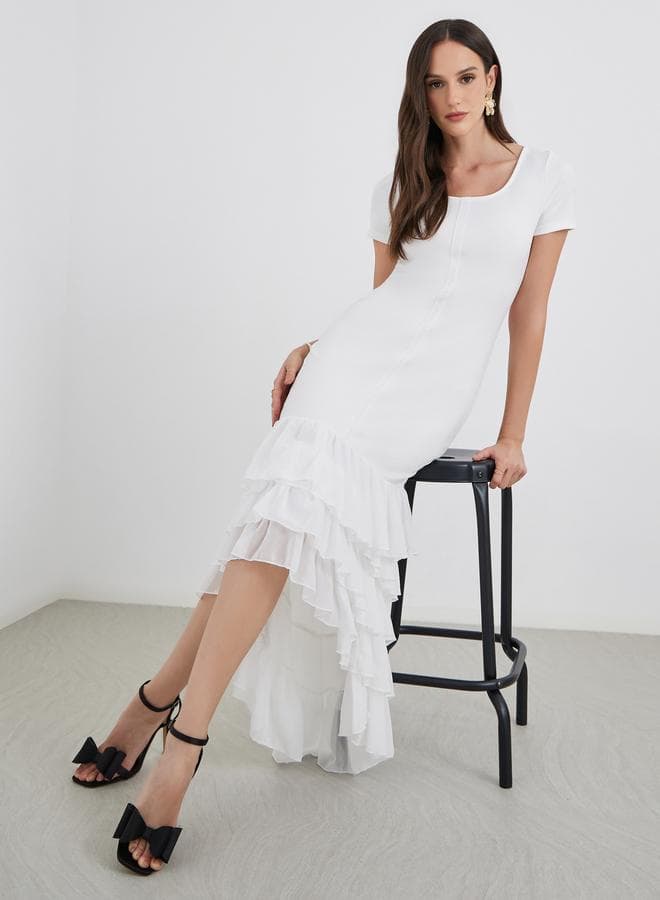 Plain Layered Frill High-Low Hem Sheath Maxi Dress - Image 1