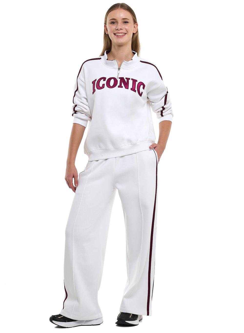 ICONIC White & Maroon Half-Zip Wide-Leg Jogger Set - Image 1