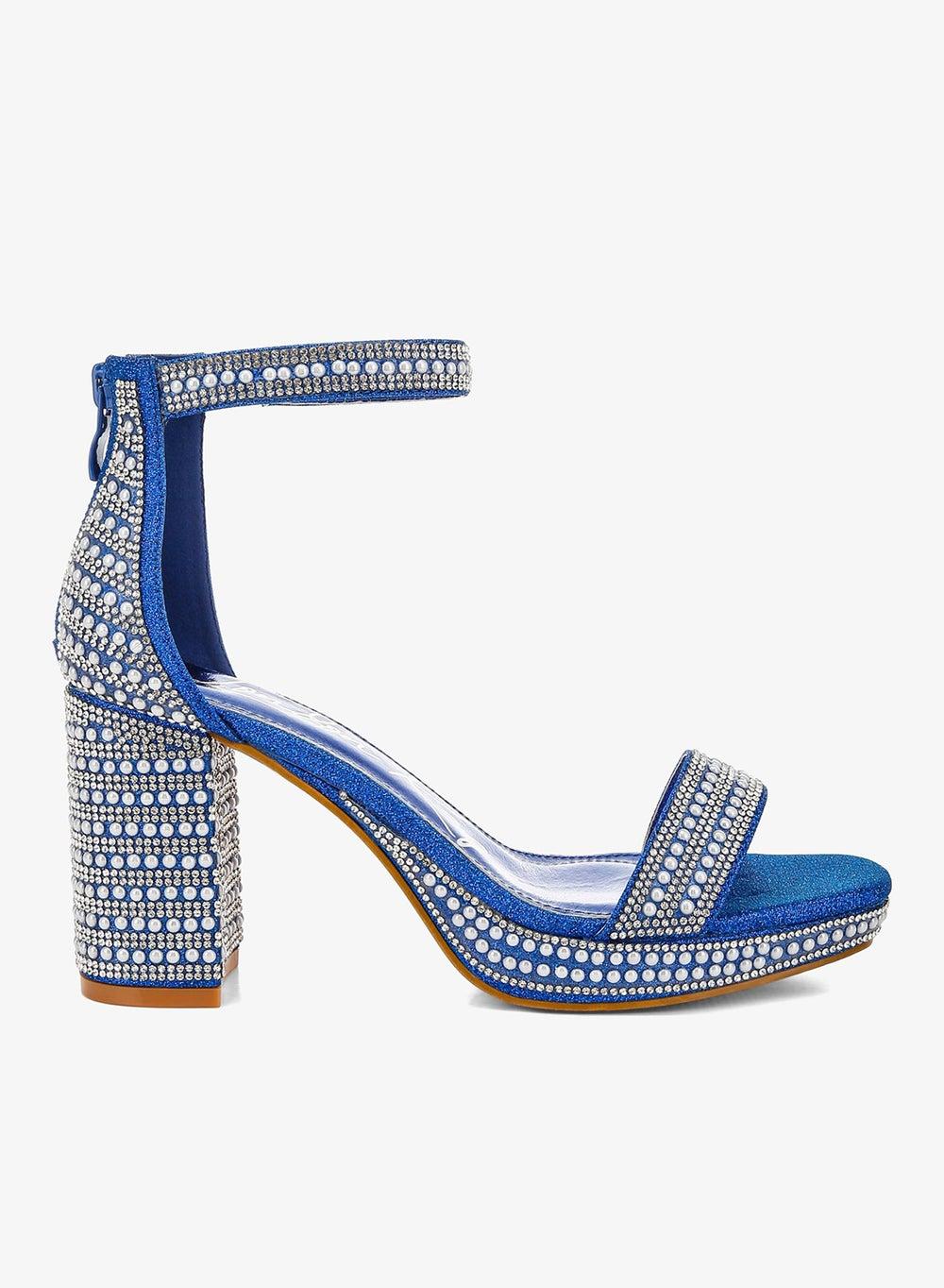 Blue Rhinestone and Pearl Embellished Heeled Sandals - Image 1