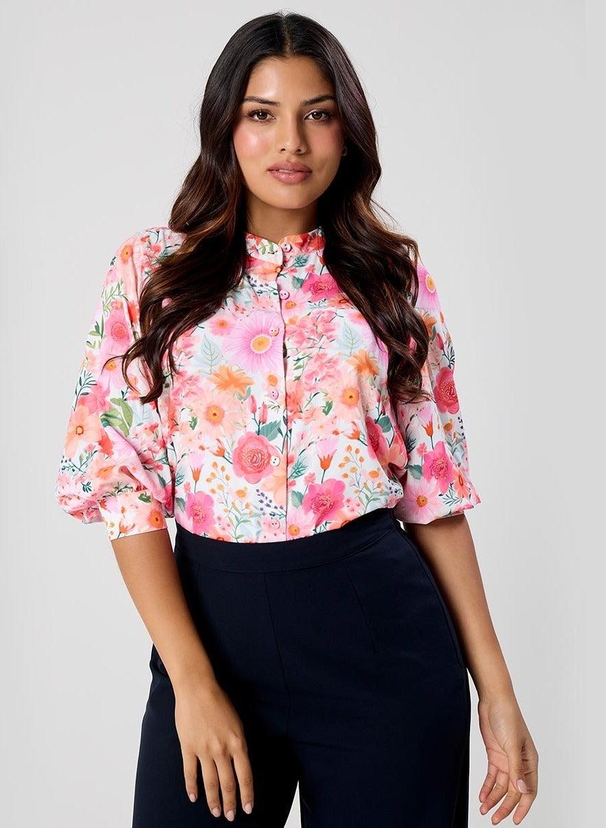 Split Collar Cuffed Sleeve Printed Shirt Top - Image 1
