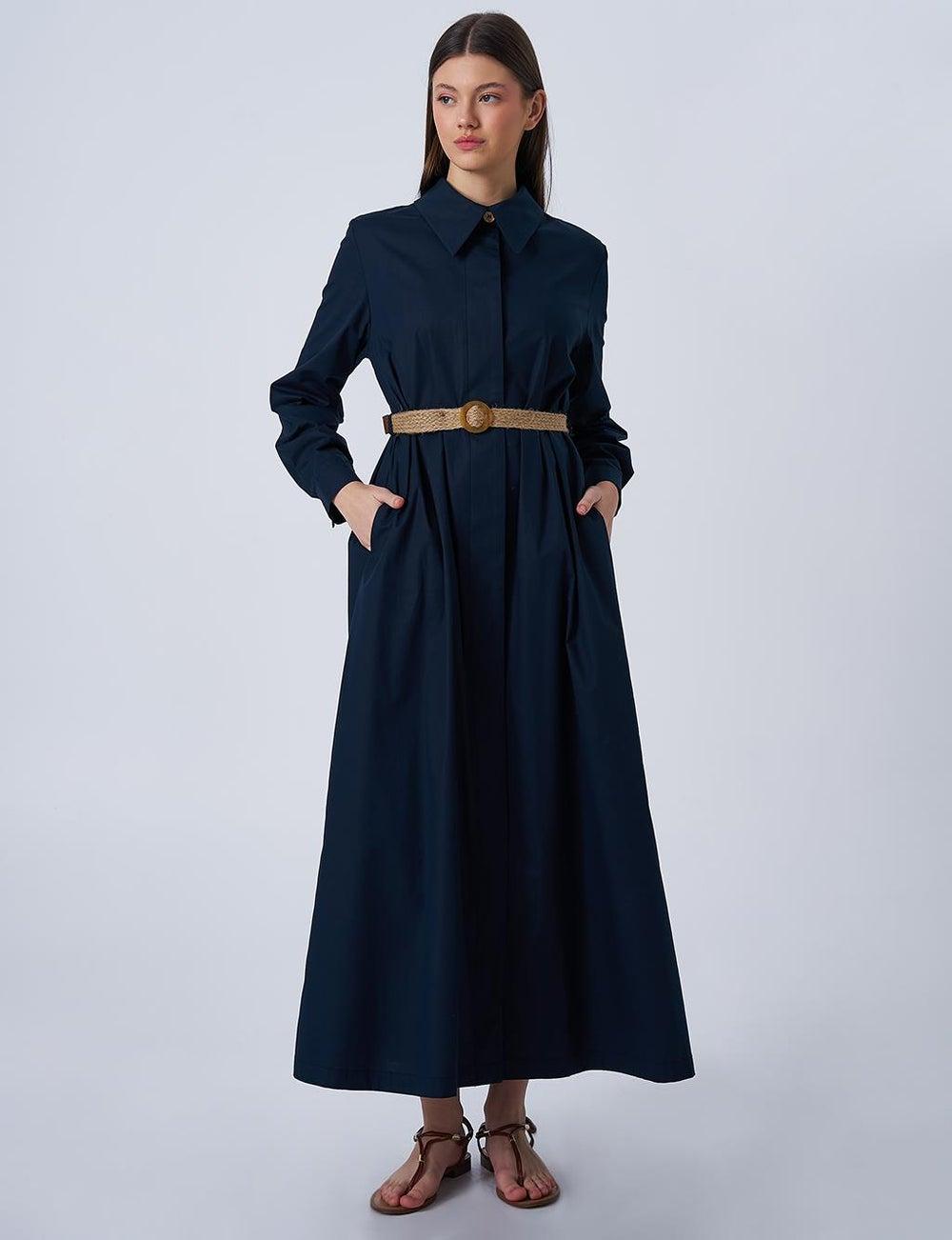 Dark Navy Woven Belt Poplin Dress - Image 1