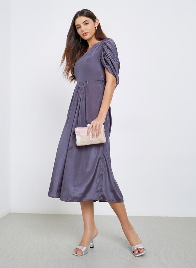 Purple Draped Back Midi Dress - Image 1