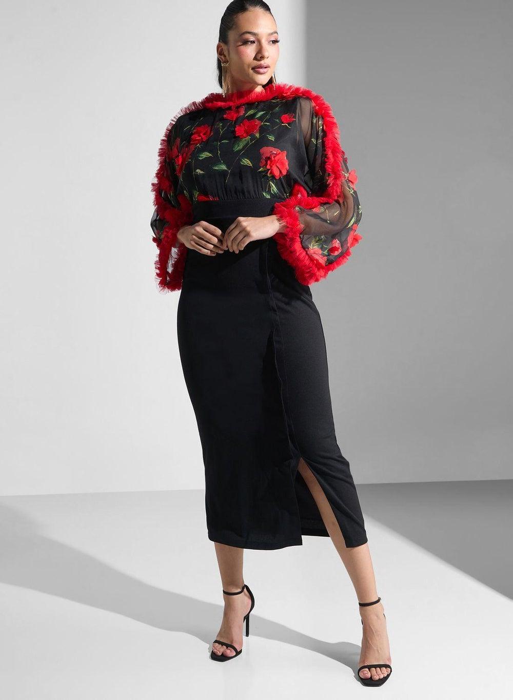 Floral Tulle Boat Neck Dress with Batwing Sleeves - Image 1