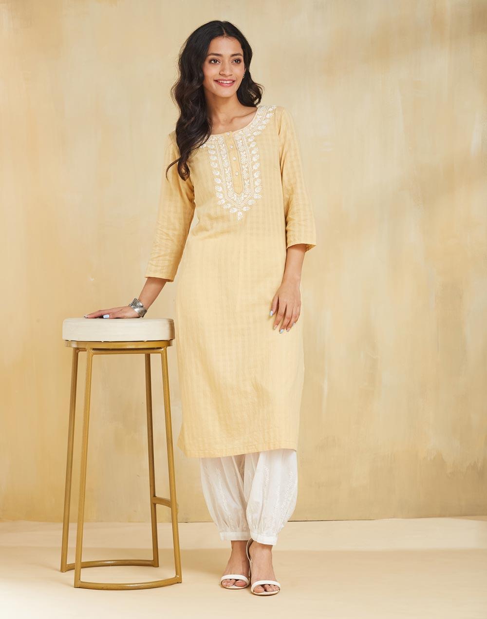 Yellow Cotton Chikankari Long Kurta - Image 1