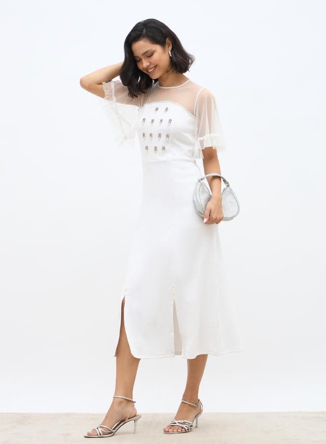 Embellished Mesh Insert A-Line Midi Dress - Image 1