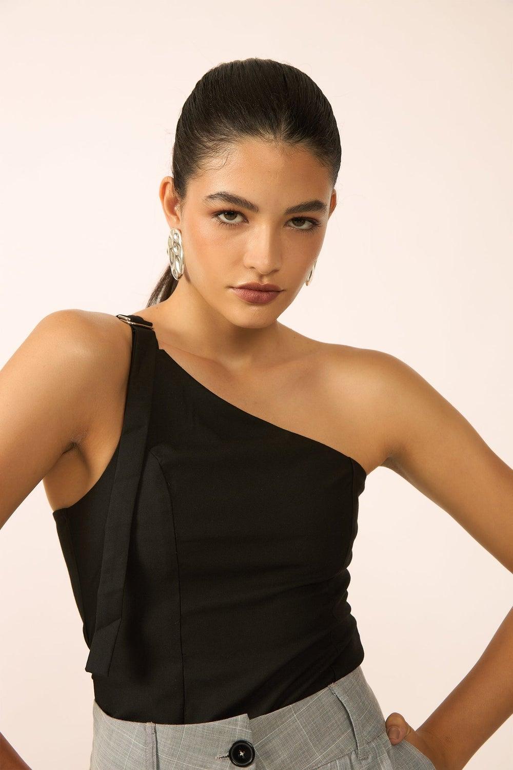 Black One-Shoulder Fitted Workwear Top with Belt Detail - Image 1