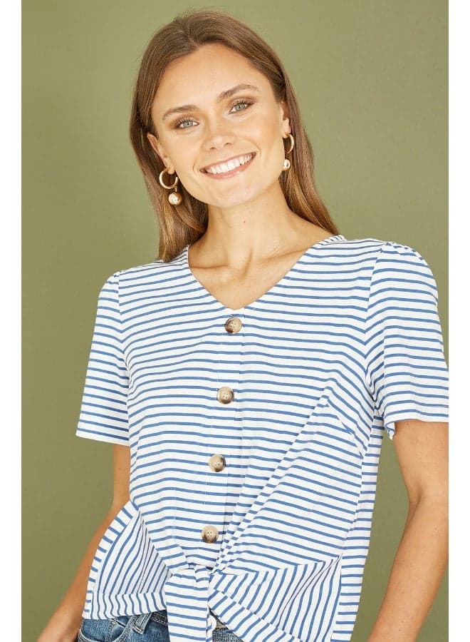 Blue Striped Jersey Button Detail Shirt - Image 1