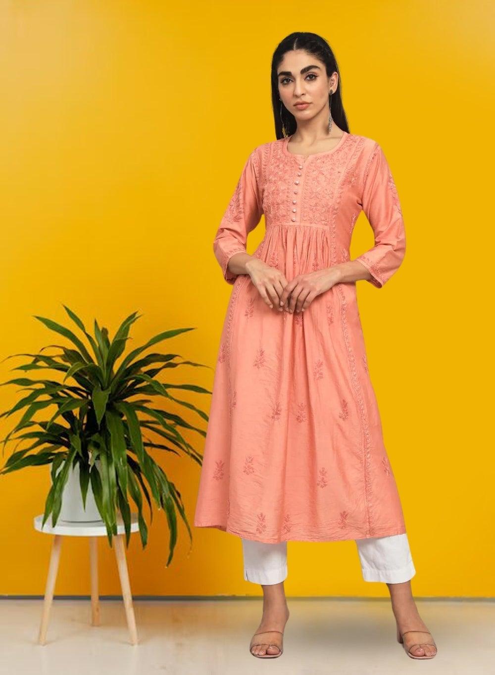 Hand Embroidered Chikankari Chanderi Cotton A-Line Kurta AL3608 - Image 1