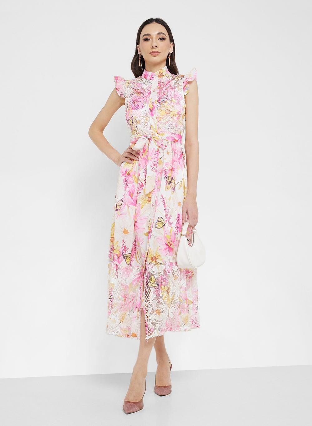 Floral Butterfly Print Midi Dress with Belted Waist - Image 1