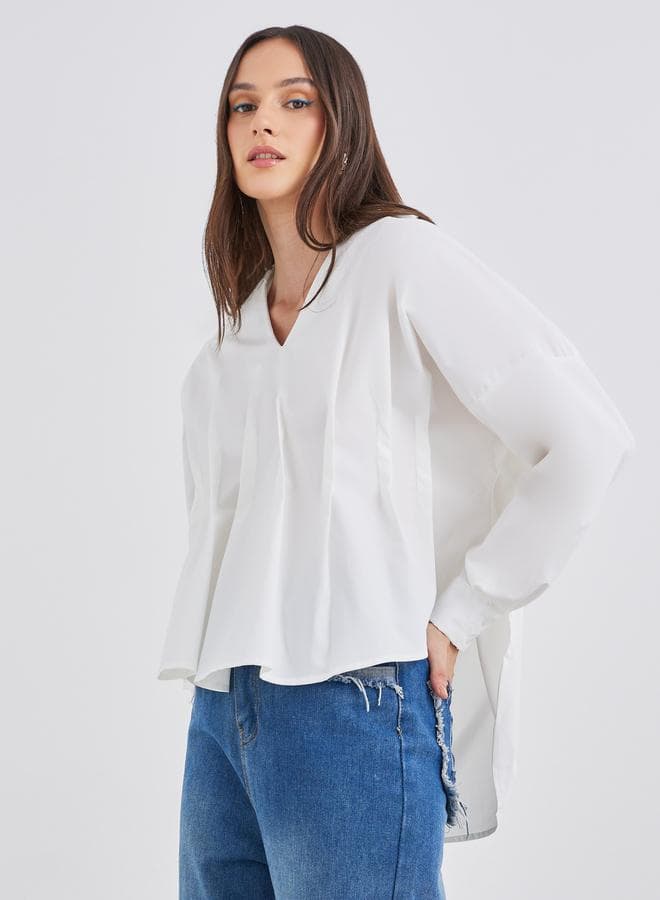 Styli Women White Front Box Pleat Drop Hem Shirt - Image 1