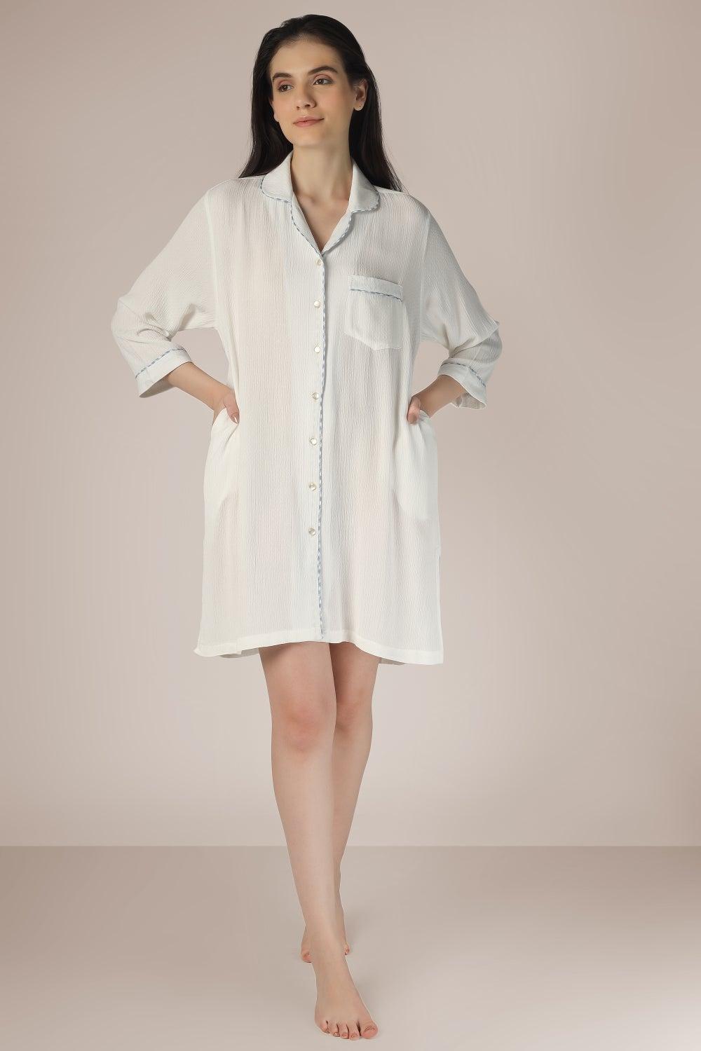 Imogen White Cotton Dobby Night Shirt - Image 1