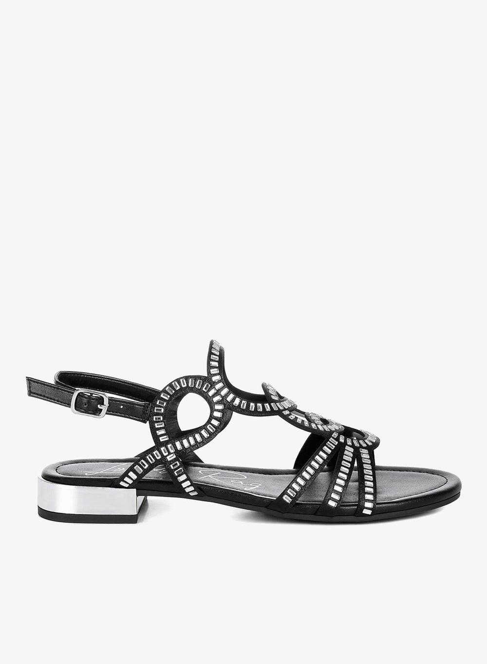 Black Cut-Out Rhinestone Flat Sandals - Image 1