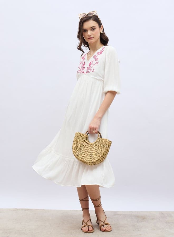 Embroidered V-Neck A-Line Midi Dress - Image 1