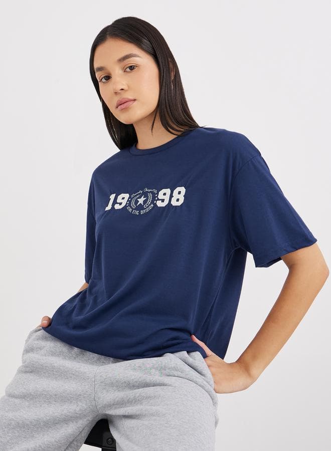 Women Navy Blue 1998 Graphic Oversized Short Sleeve T-Shirt - Image 1