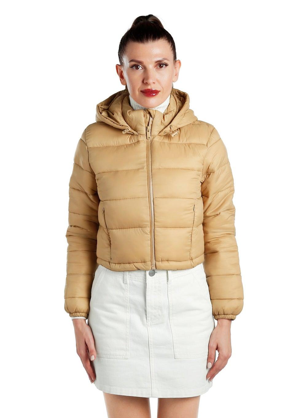 Taupe Cropped Down Hooded Jacket - Image 1