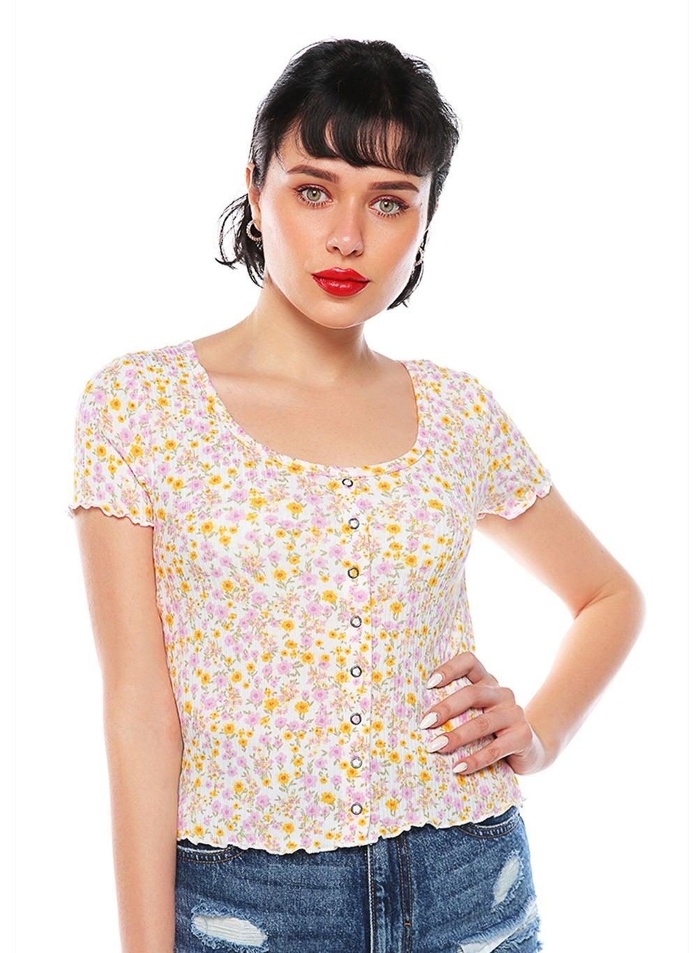Ivory Ditsy Print Ribbed Summer Wrap Top - Image 1