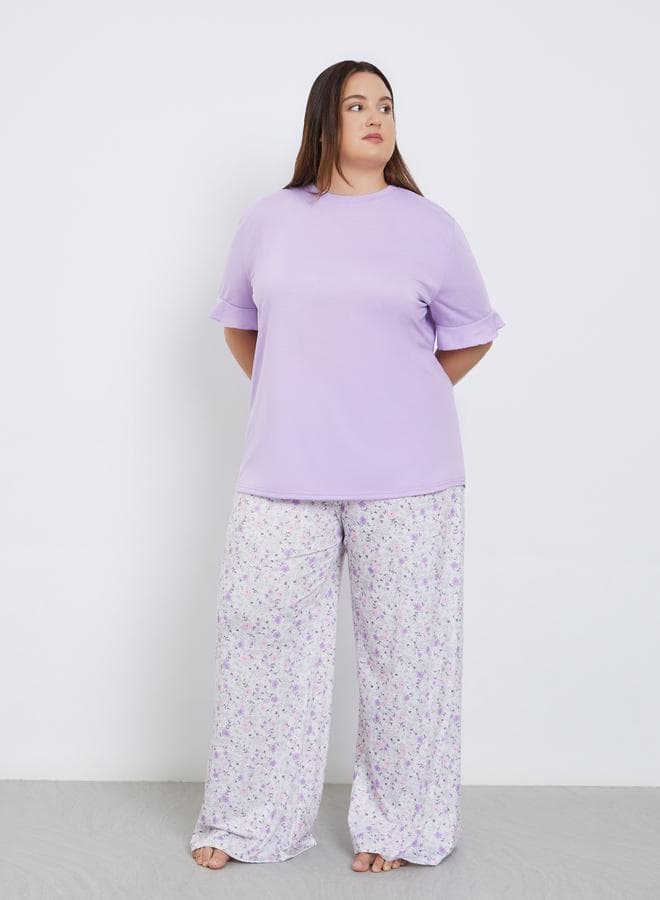 Styli Plus Floral Print Ruffle Trim Long Pyjama Set - Image 1