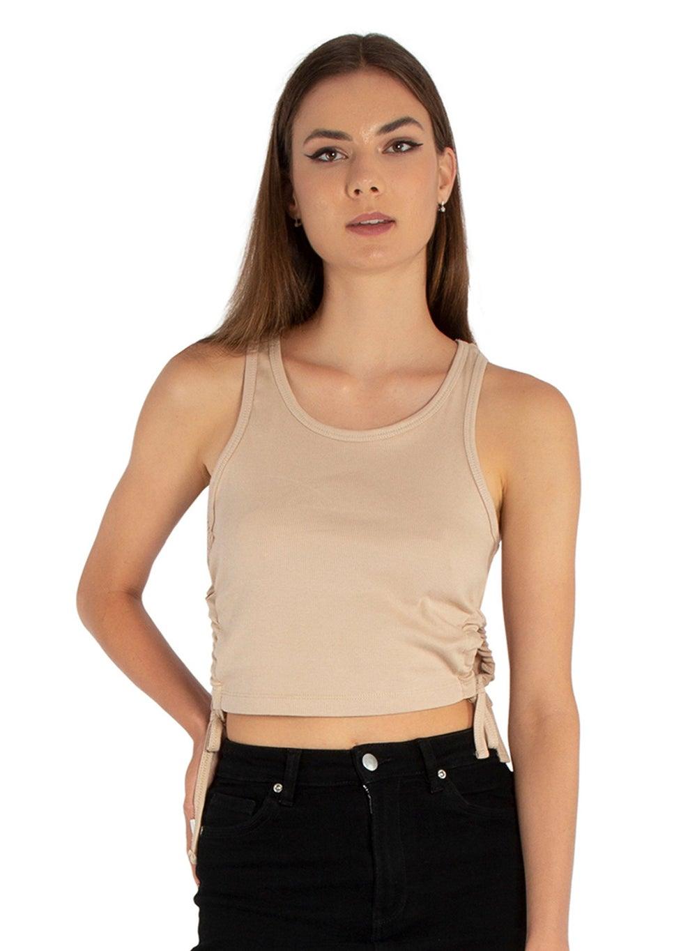 Taupe Cut Out Ruched Drawstring Crop Tank - Image 1