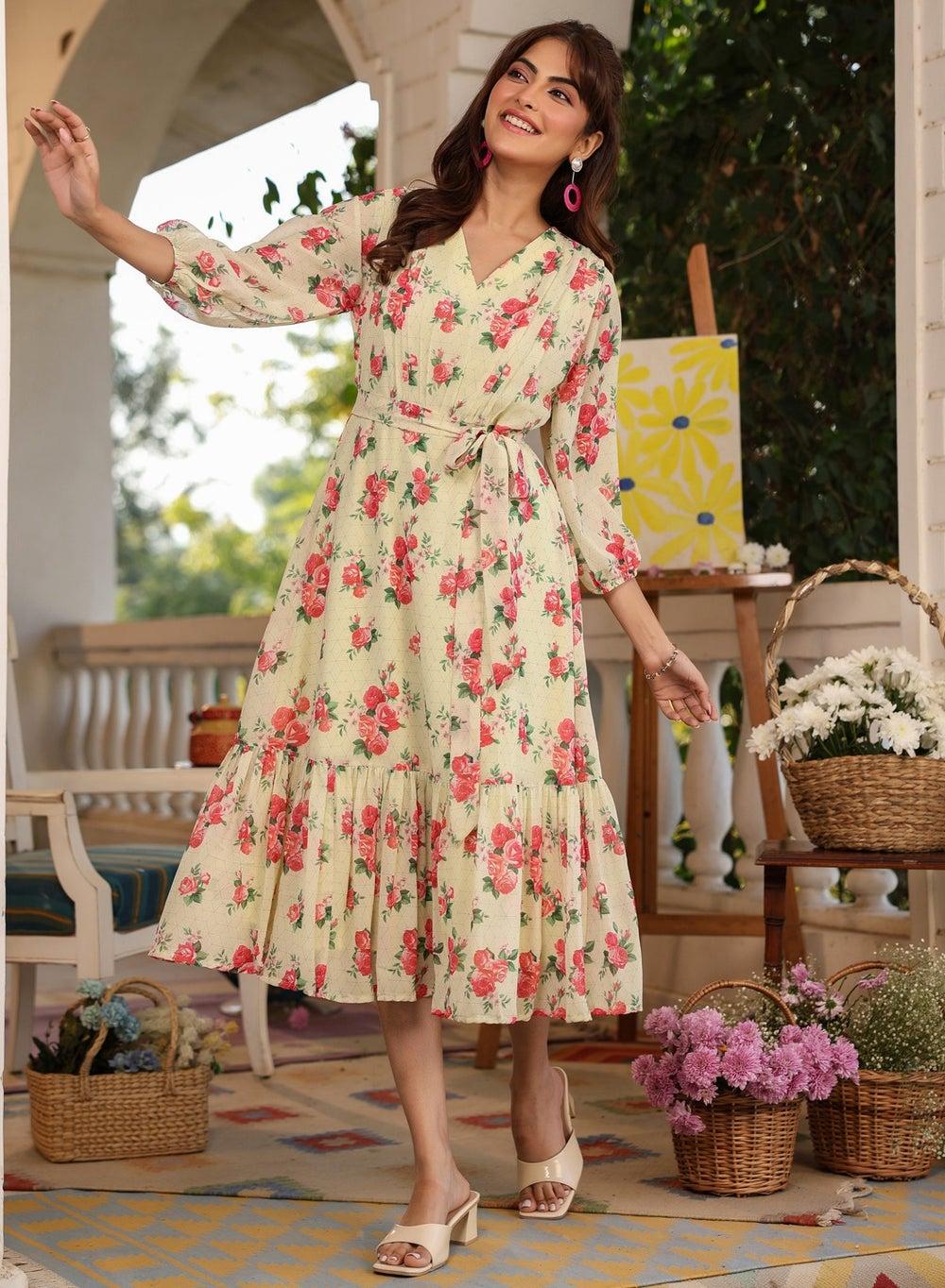 Light Yellow Floral Chiffon Midi Dress - Image 1