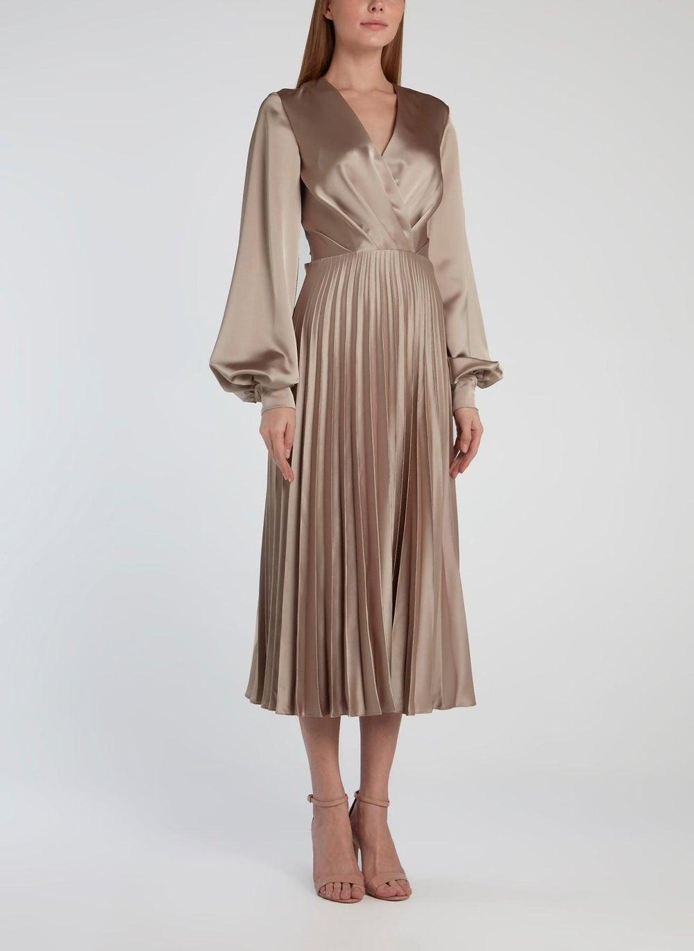 Beige Surplice Accordion Midi Dress by Dalood - Image 1
