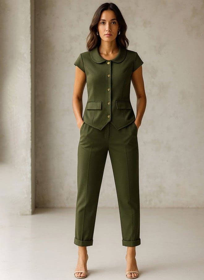 Olive Green Peter Pan Collar Top and Trouser Co-ord Set - Image 1