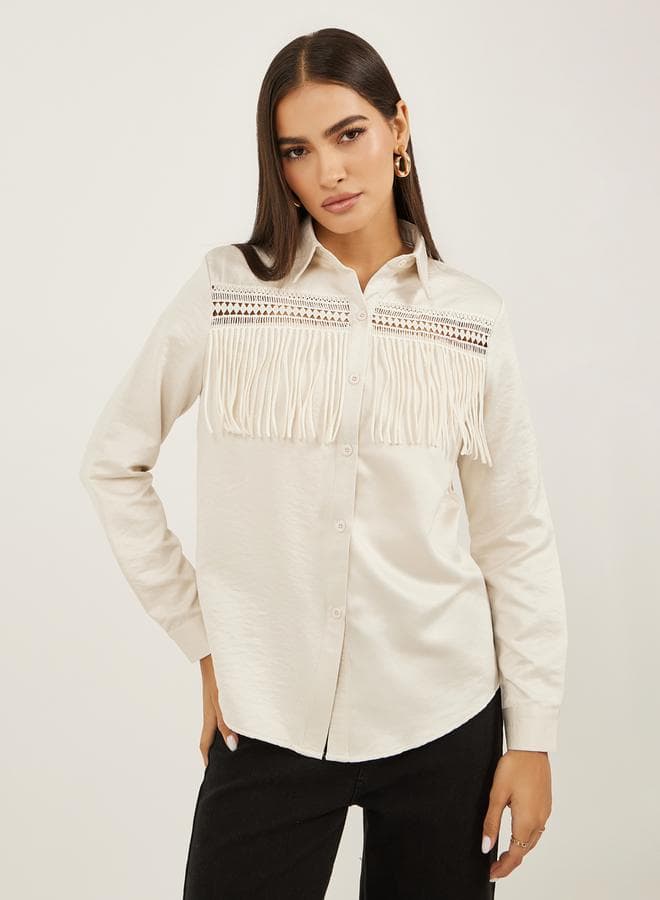 Styli Lace Insert Shirt with Fringe Detail - Image 1