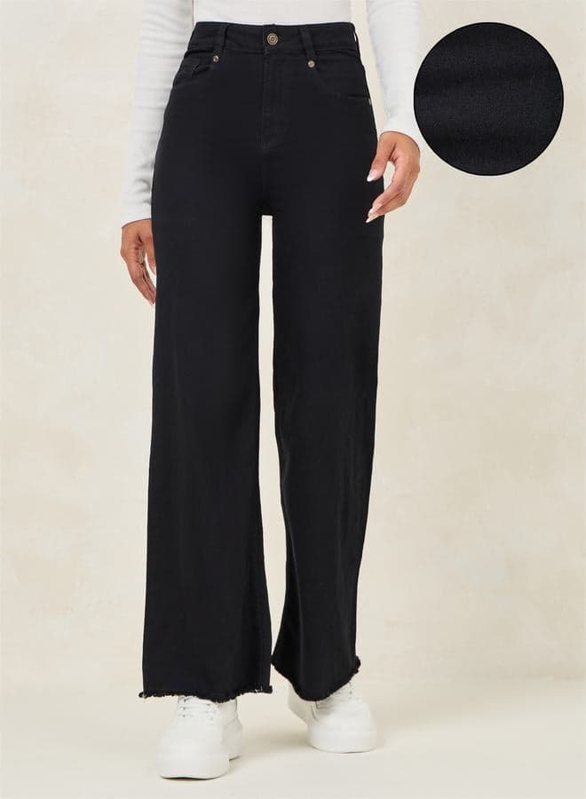 Solid Wide Leg Jeans with Raw Edge - Image 1