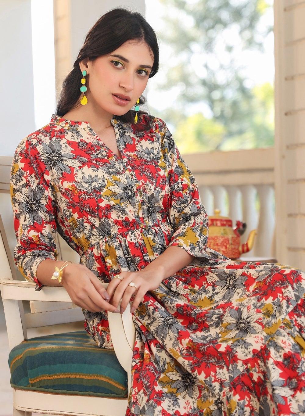 Floral Print Maxi Dress with Banded Waist - Image 1