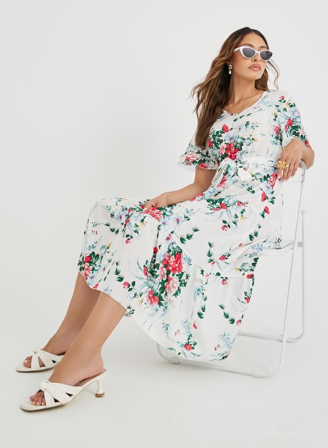 White Floral Print Ruffle Trim A-Line Midi Dress - Image 1