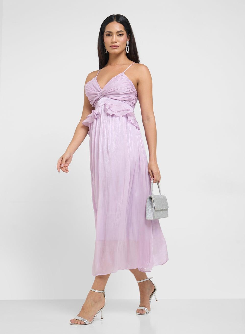 Ruched Midi Dress with Ruffled Waistline - Image 1