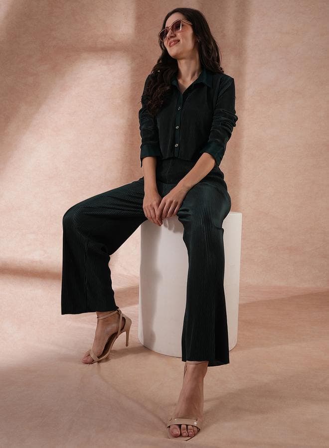 Globus Women Green Pleated Cinch Waist Shirt Trouser Co-Ord Set - Image 1