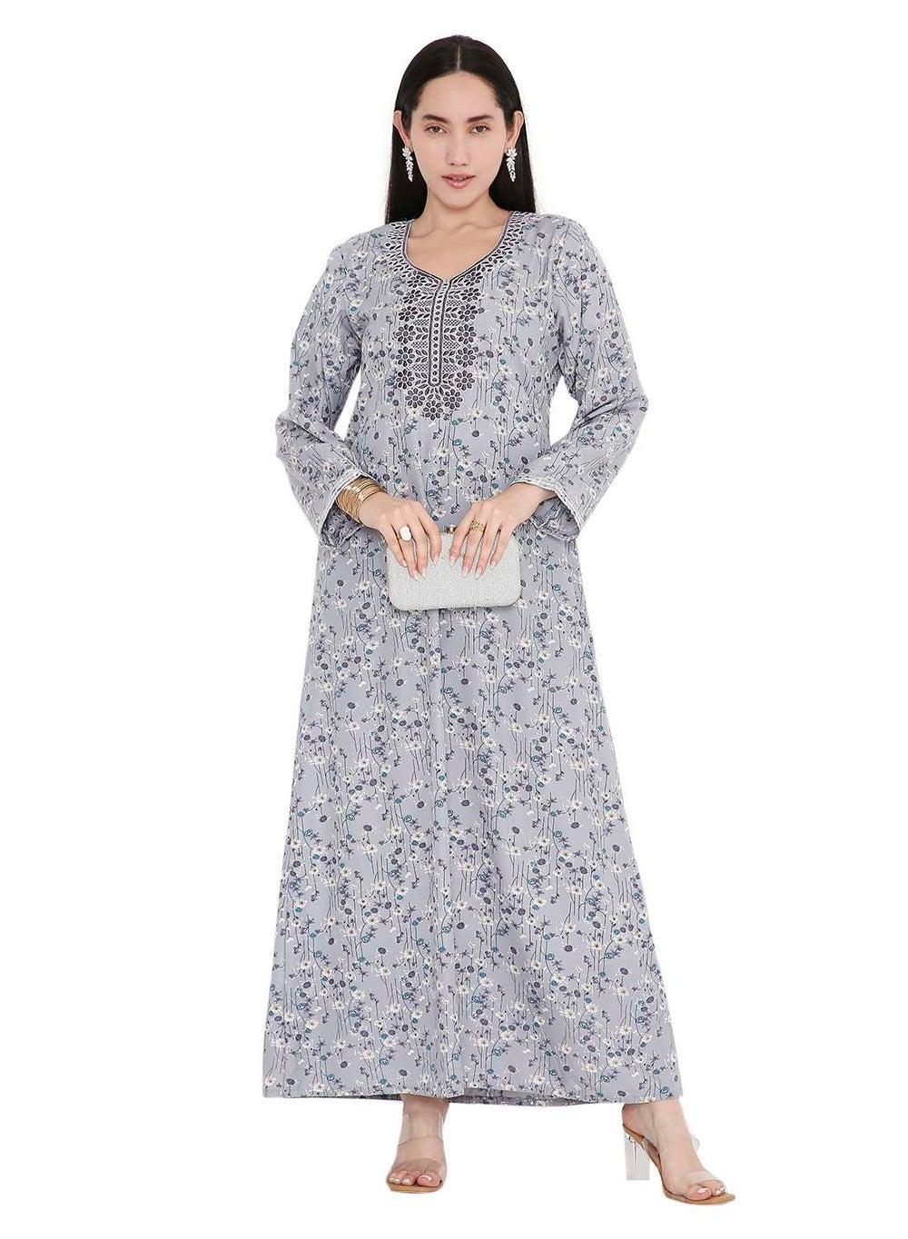 Elegant Farasha Thread Embroidery Printed Modest Arabic Kaftan - Image 1