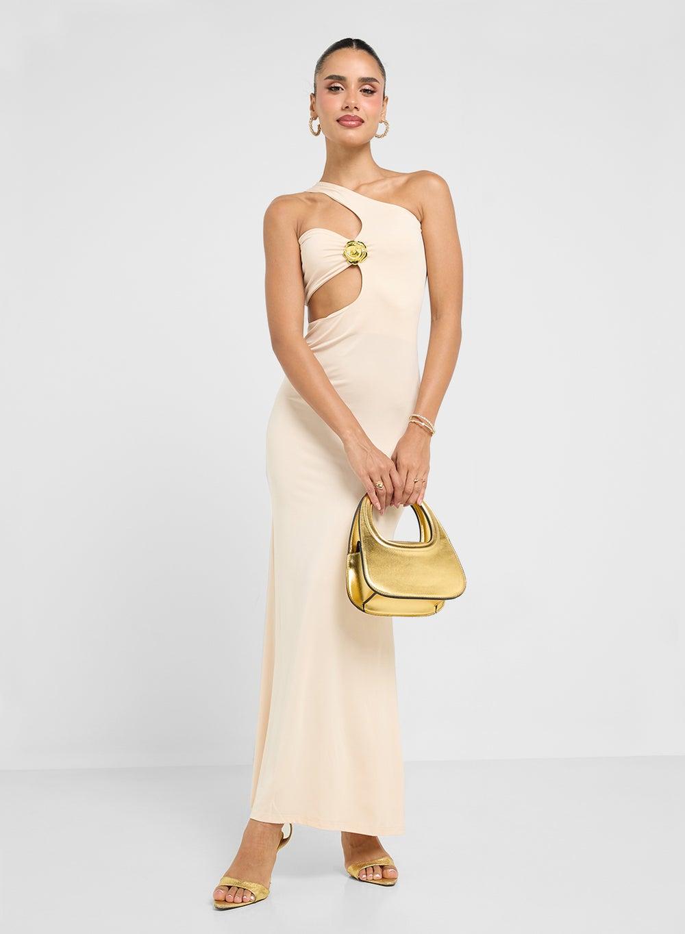 Cream One Shoulder Cutout Maxi Gown Dress - Image 1
