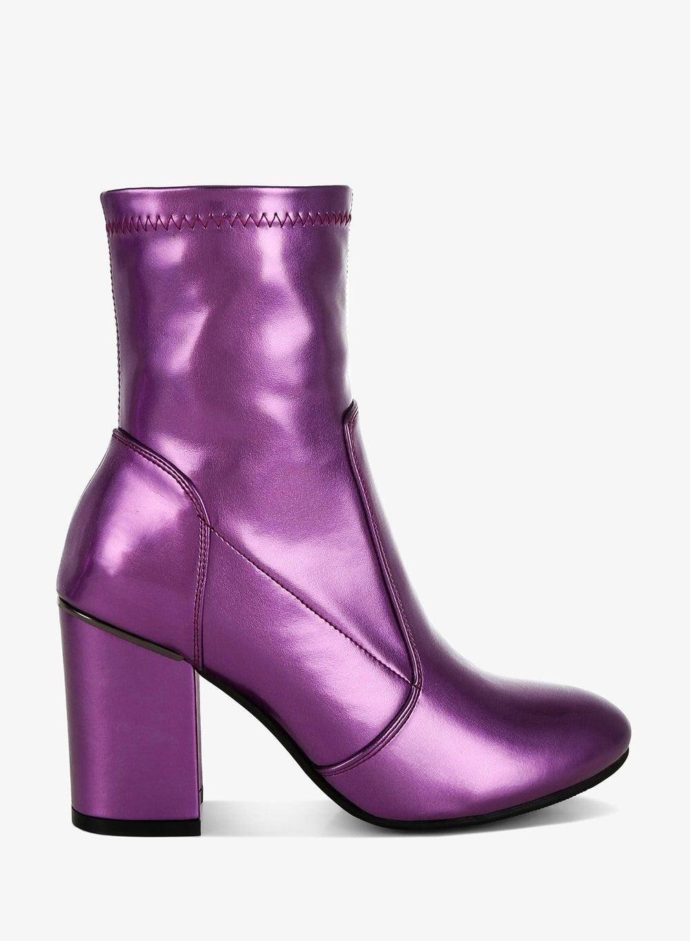 Purple Metallic Pleather Sock Ankle Boots - Image 1