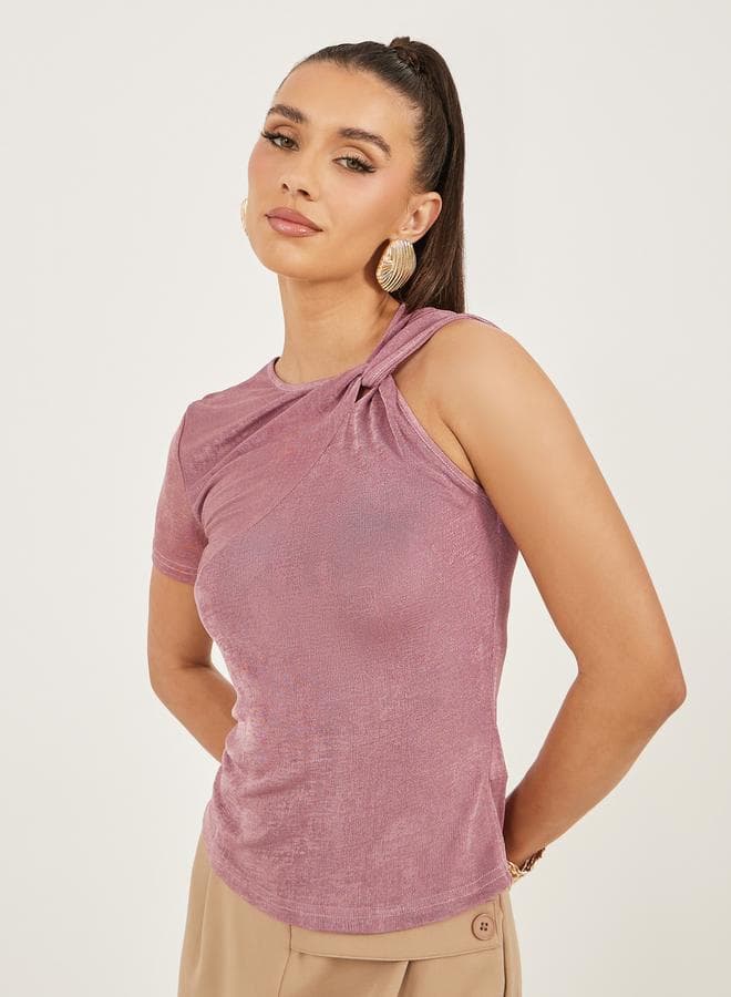 Textured Asymmetrical Neck One Sleeve Top - Image 1