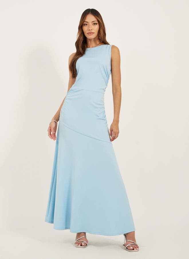 Soft Blue Sleeveless Maxi Dress with Ruched Waist - Image 1