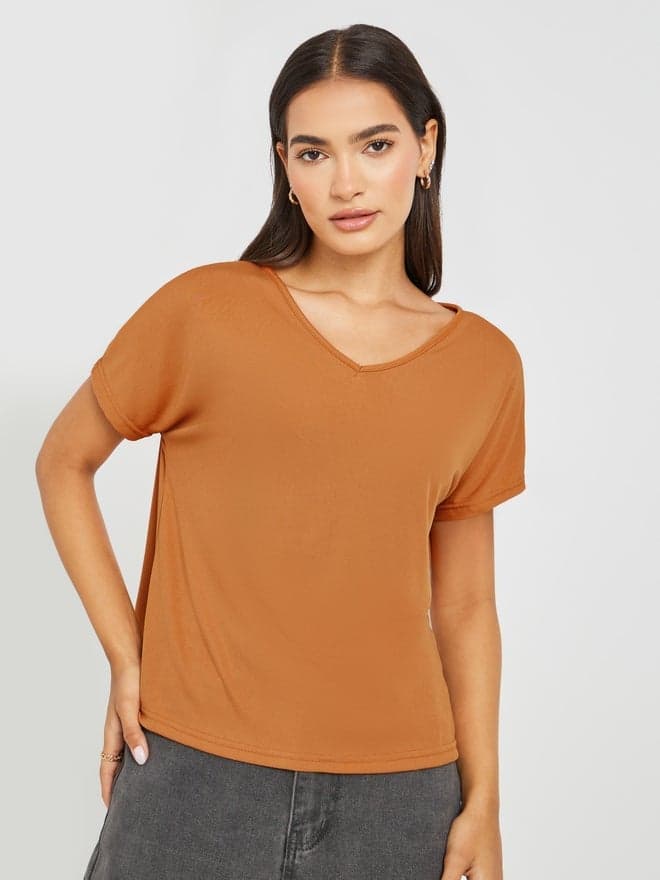 Solid Regular Fit V-Neck T-Shirt for Women - Image 1