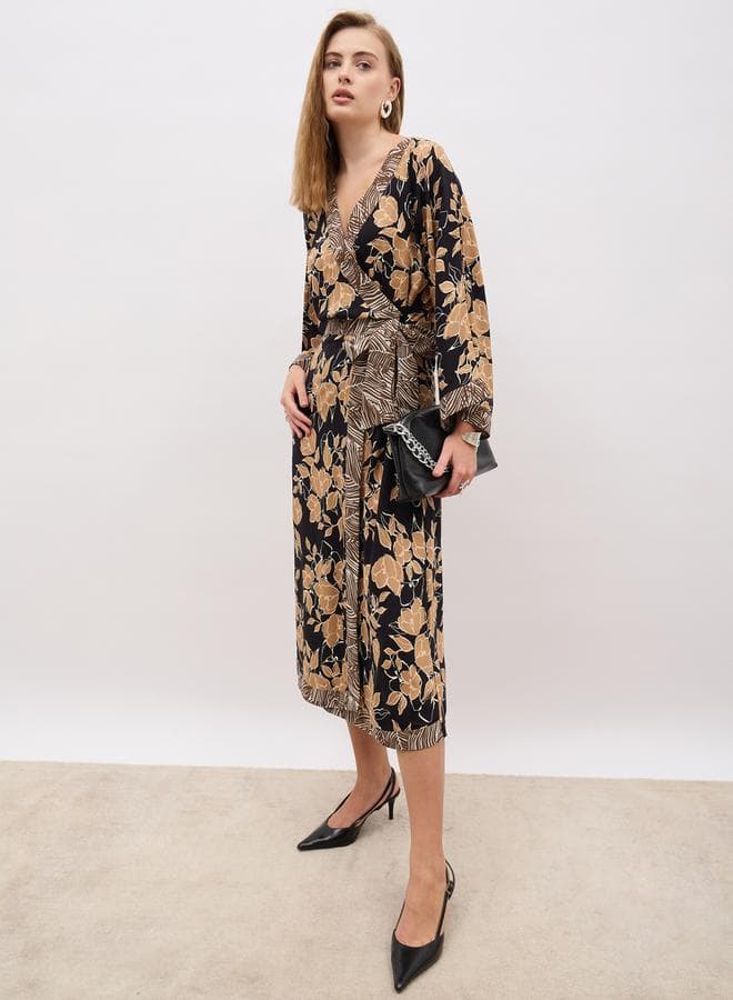 Floral Print Midi Dress with Wrap Waist Tie - Image 1