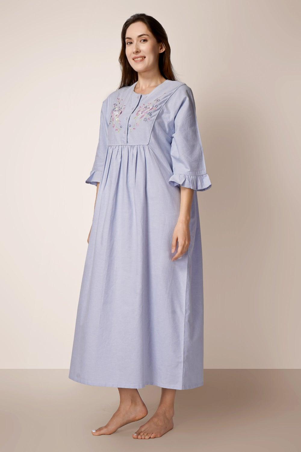 Kimberly Oxford Chambray Cotton Embroidered Nightdress - Image 1