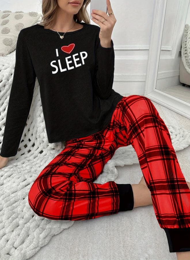Take Two Slogan Print Checked Cuffed Pyjama Set - Image 1