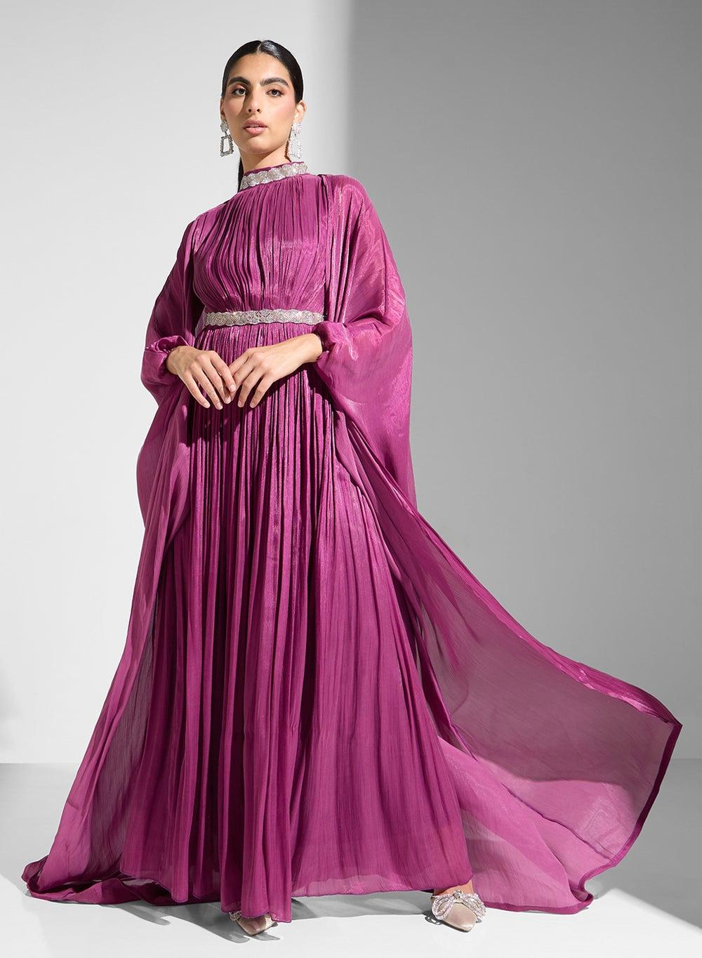 Magenta Pleated Chiffon Dress with Embellished Neckline - Image 1