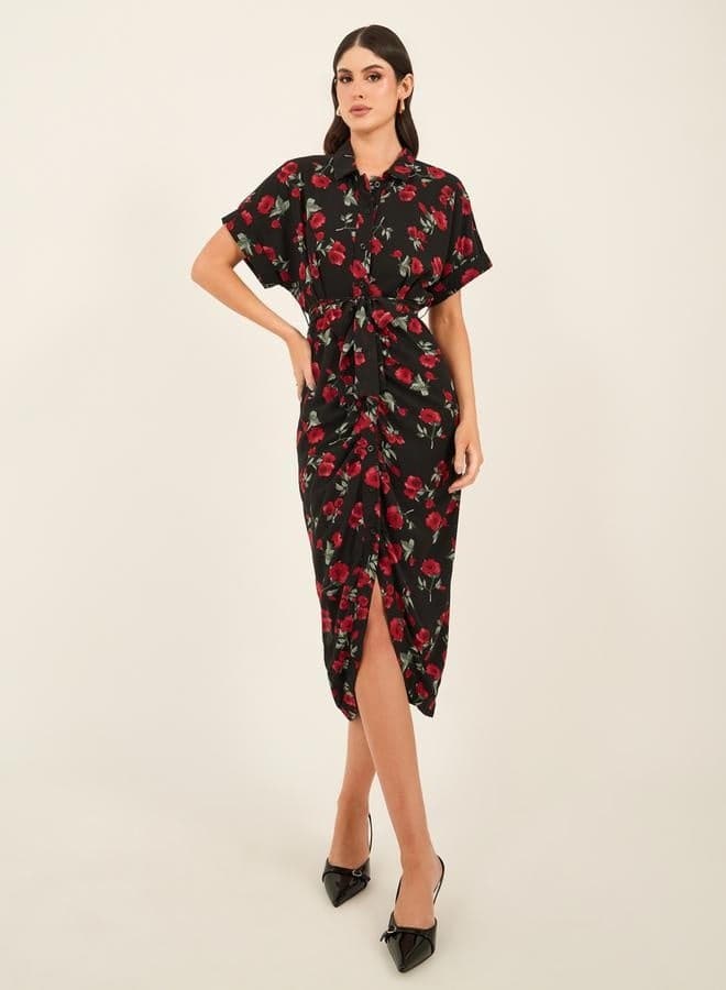 Floral Print Collared Midi Shirt Dress - Image 1