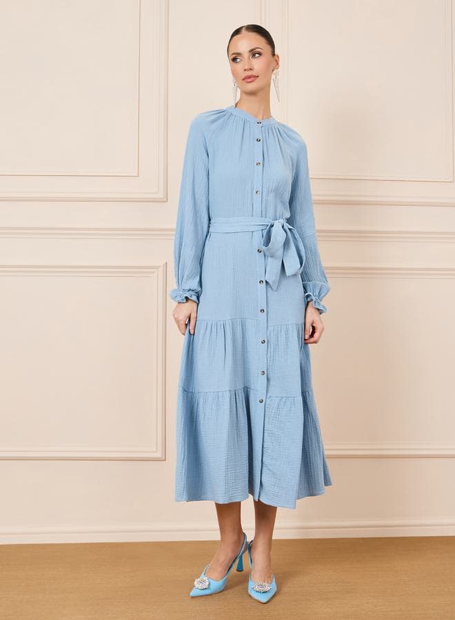 Styli Light Blue A-Line Midi Dress with Self-Tie Waist - Image 1