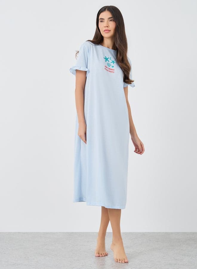 Ruffle Sleeve Beach Print Sleep T-Shirt Dress - Image 1
