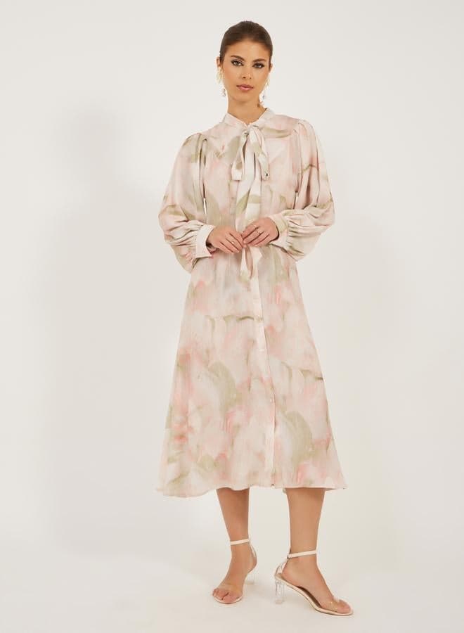 Styli Printed Balloon Sleeve Tie-Up Neck Midi Dress - Image 1