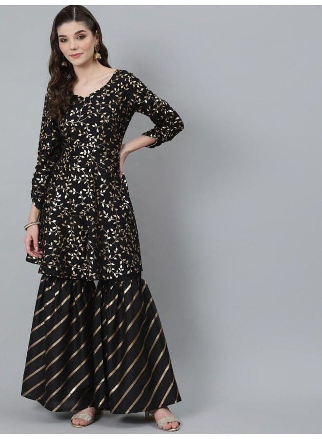 Black & Gold Foil Printed A-Line Kurta Sharara Set - Image 1