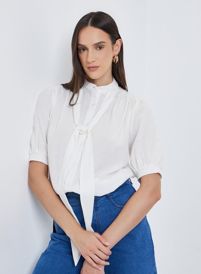 Styli Solid Tie-Up Neck Puff Sleeve Blouse - Image 1